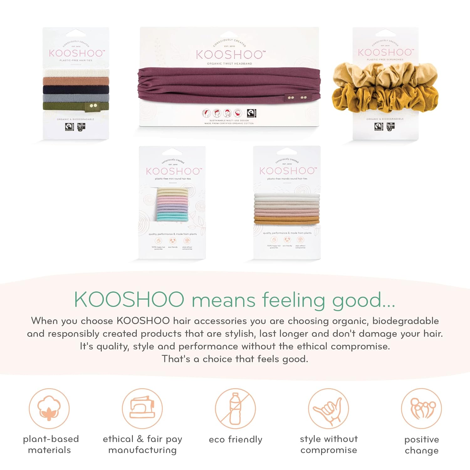 KOOSHOO Organic Cotton Hair Ties - No-Damage, Plastic-Free, Strong & Comfortable - 5ct, Blond