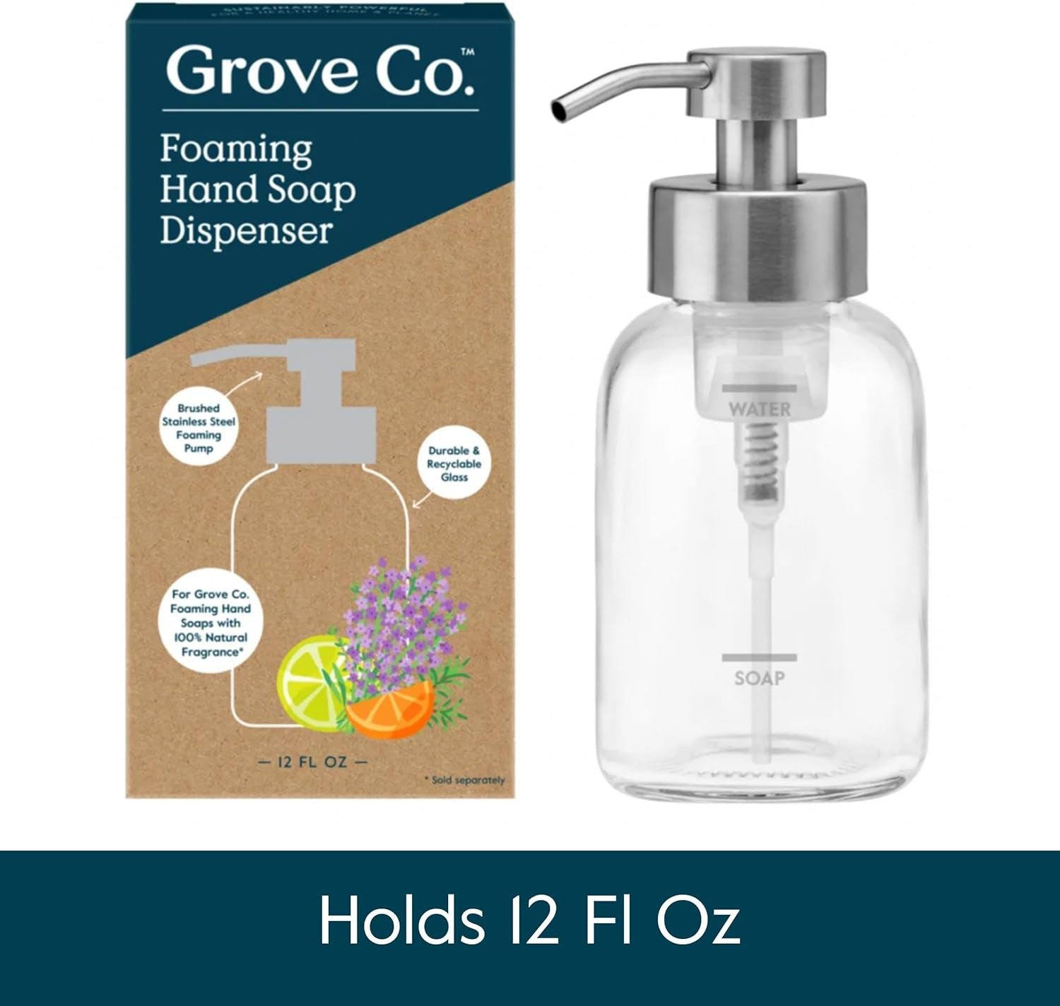 Foaming Soap Dispenser, 2 X Refillable Glass Bottles with Stainless Steel Pump, Reusable Liquid Hand Soap Set for Kitchen or Bathroom, Square Base, Reduce Plastic Waste