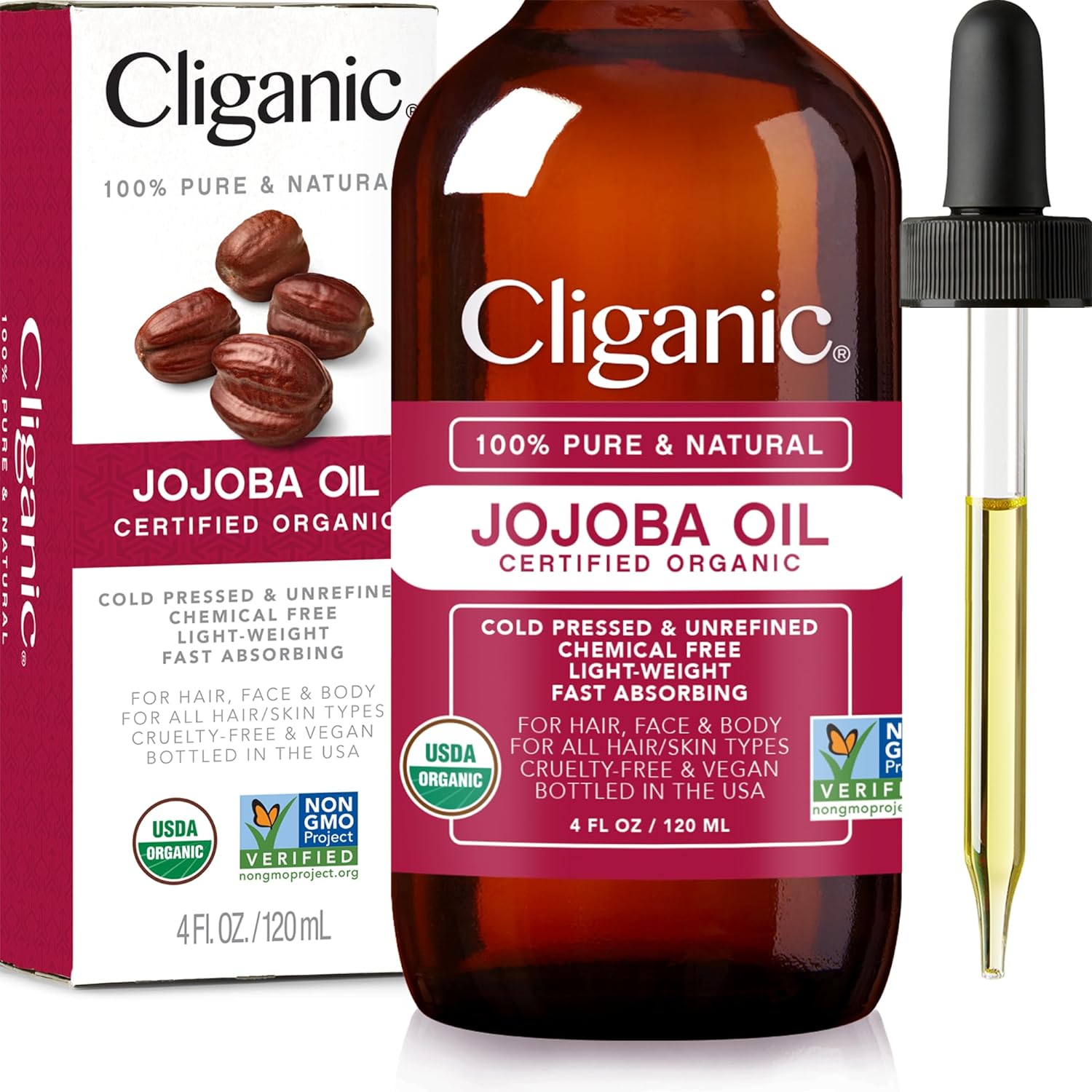 Cliganic Organic Jojoba Oil - 100% Pure Moisturizing Oil for Skin & Hair, Non-GMO, Vegan - 4oz