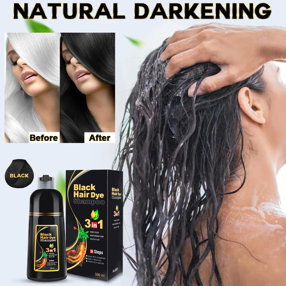 Hair Dye Shampoo for Gray Hair, 3 in 1 Herbal Ingredients Natural Shampoo Hair Dye for Women Men, Grey Coverage Shampoo 500Ml (Black)