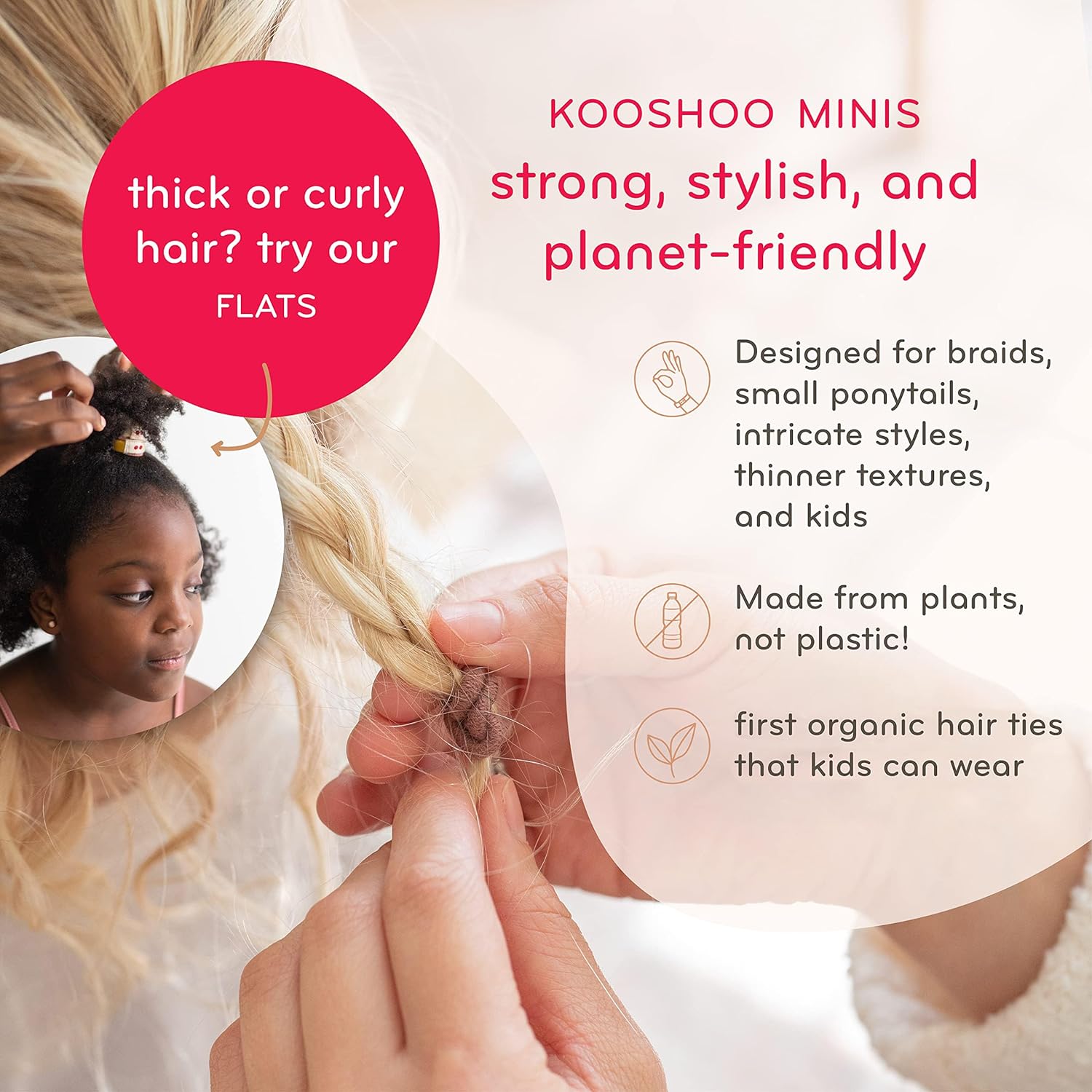 KOOSHOO Mini Hair Ties - No-Damage Organic Cotton, Strong & Stylish - 12ct for Thick Hair