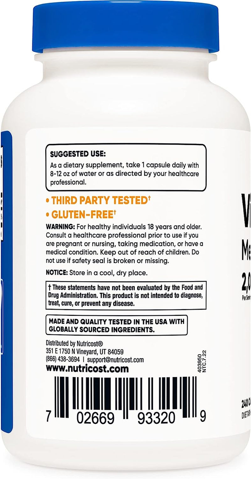 Vitamin B12 (Methylcobalamin) 2000Mcg, 240 Capsules - Vegetarian Caps, Non-Gmo, Gluten Free B12 Supplement