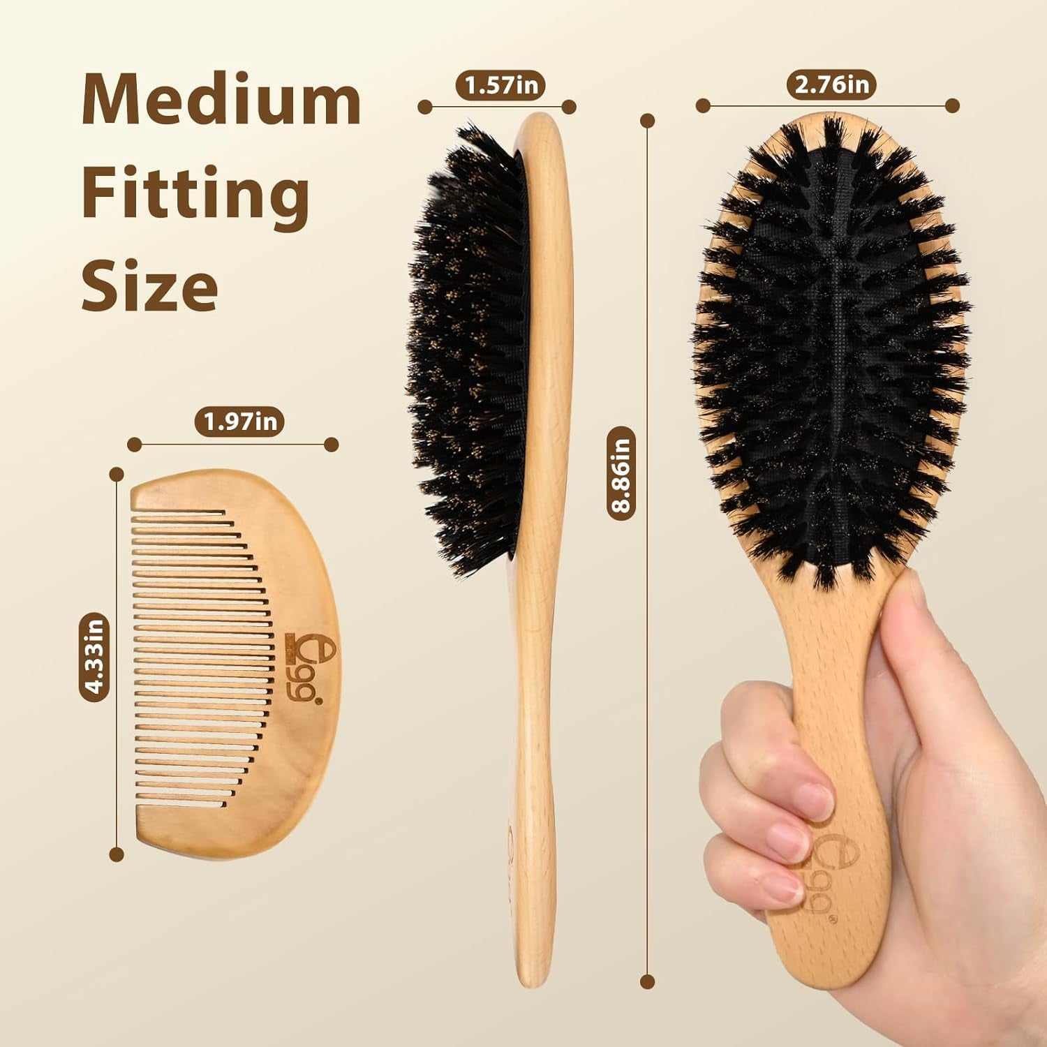 Boar Bristle Hair Brush for Women Men Kid, Soft Natural Bristles Brush for Thin and Fine Hair, Restore Shine and Texture, Set Includes Bamboo Comb and 3 Hair Ties