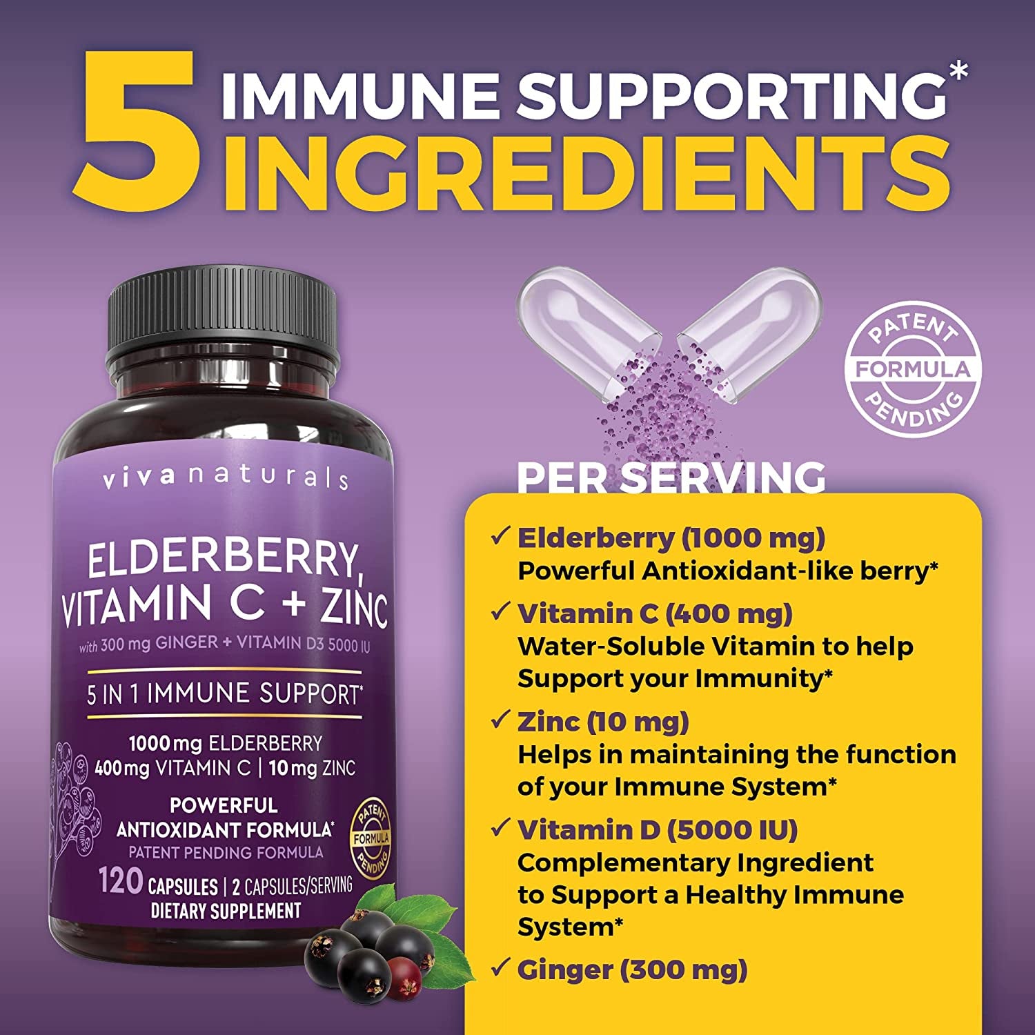 Elderberry with Vitamin C and Zinc for Adults - 5 in 1 Sambucus Black Elderberry Capsules with Vitamin D3 5000 IU, Elderberries Immune Support Supplement 2 Months Supply Pills