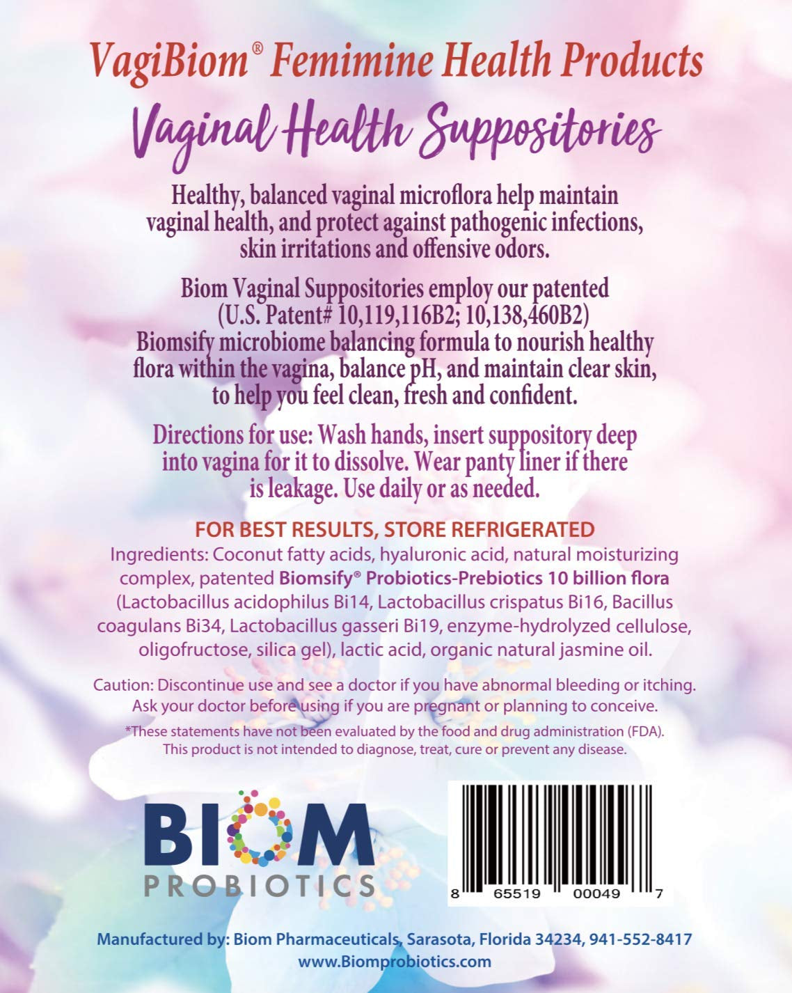 Biom Vaginal Probiotic Suppository: Natural Vaginal Ph and Odor Control Regimen; Balance and Nourishes Vaginal Microbiome; No Parabens, No Preservatives (15 Count)