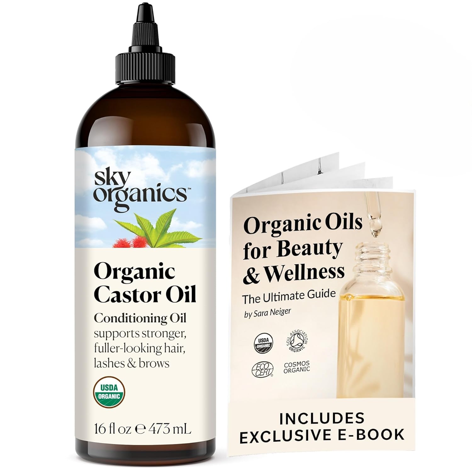 Sky Organics Castor Oil - Nourishing for Hair, Skin & Lashes, USDA Organic, Hexane-Free - 16 fl oz