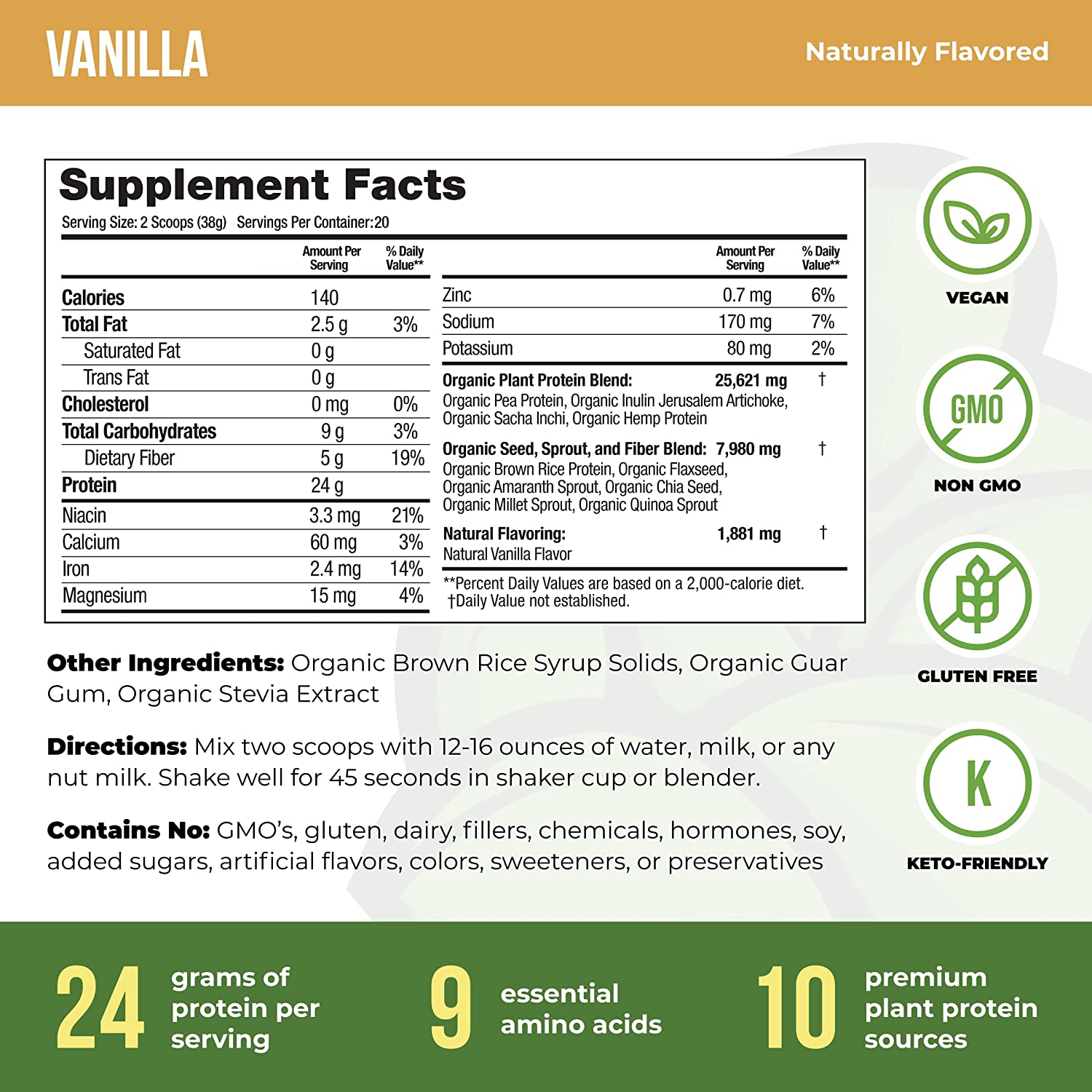 Organic Vegan Protein Powder - Vanilla - 20 Servings