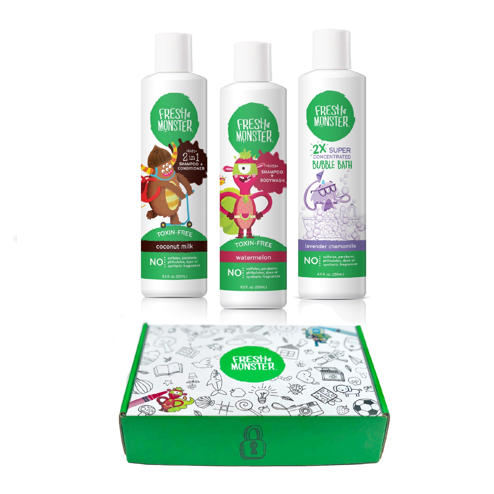 Fresh Monster Kids Hair Care Set - Natural Coconut & Watermelon Wash, Lavender Bubbles - 8.5oz