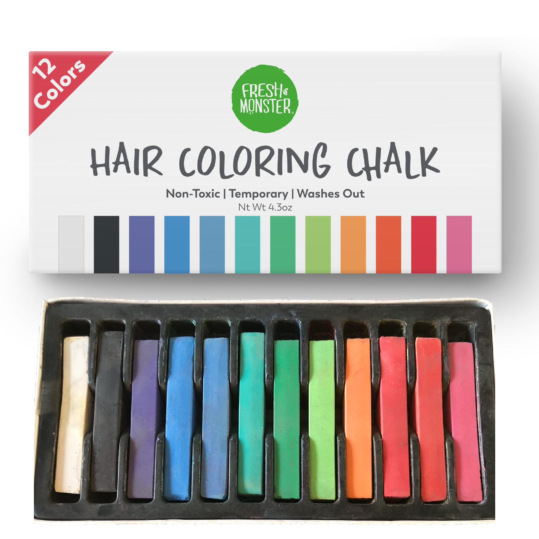 Fresh Monster Kids Hair Coloring Chalk - Vibrant, Non-Toxic, Easy Wash Out - 12 Colors