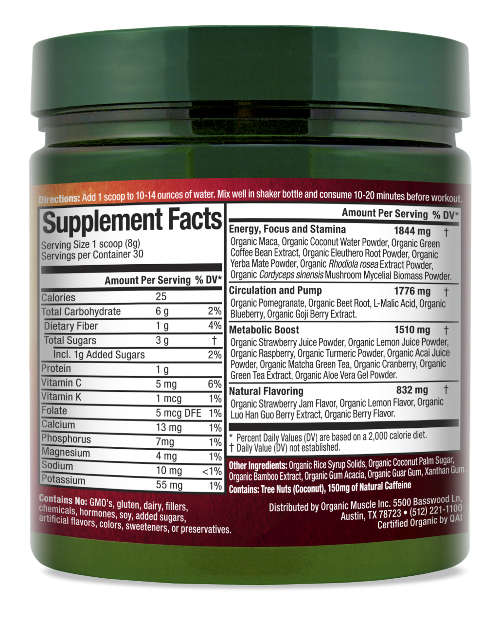 Organic Pre-Workout Powder - Lemon Berry - 30 Servings