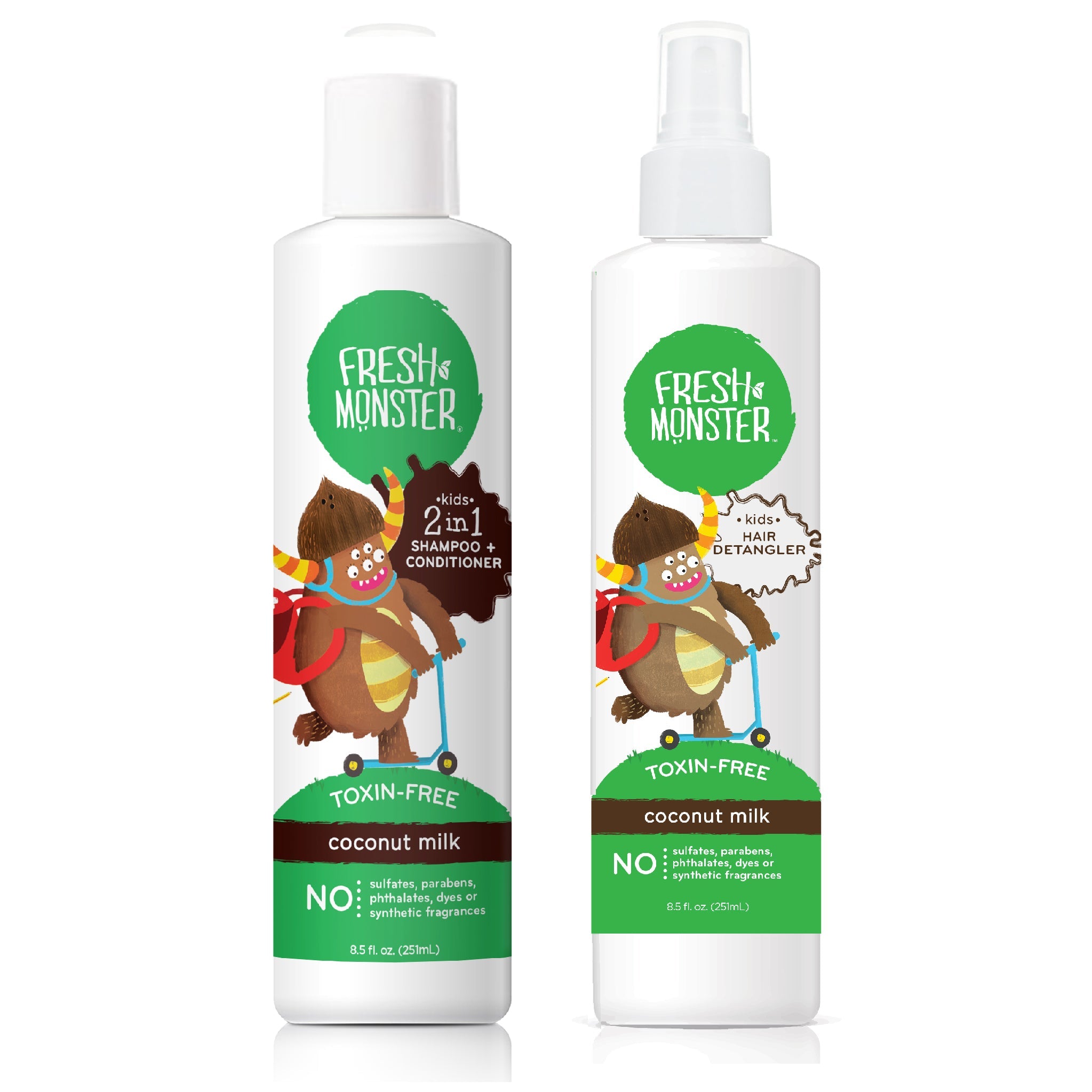 Fresh Monster Kids Shampoo & Detangler Spray - Toxin-Free, Hypoallergenic Coconut - 8.5 oz