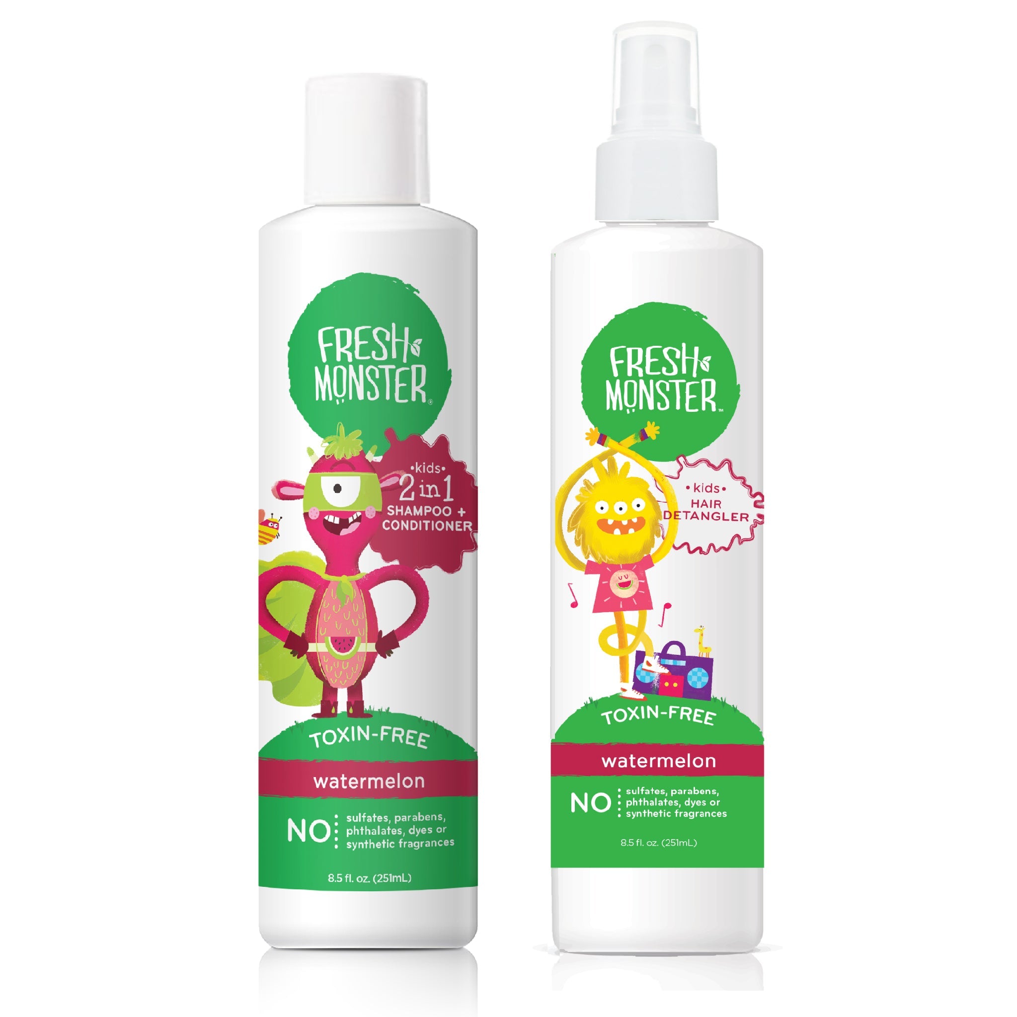 Fresh Monster Kids Shampoo & Detangler - Toxin-Free, Hypoallergenic, Watermelon Scent - 2 Piece Set